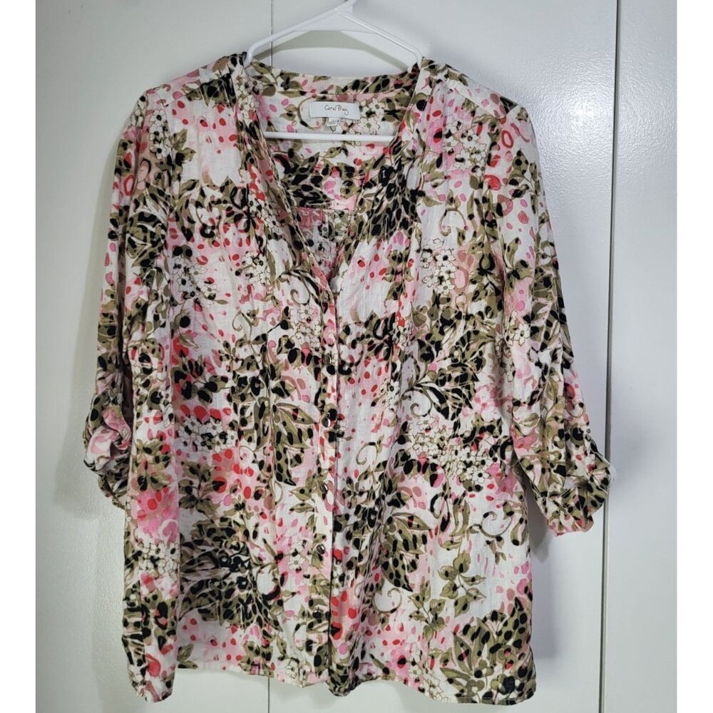 CORAL BAY Women';s LG Linen Blend Floral Button Up Blouse Top Roll Tab Sleeve
